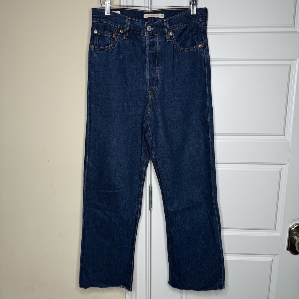 Levi's Jeans Ribcage Straight Ankle Women's 26 Dark Button Fly Stretch Raw Hem
